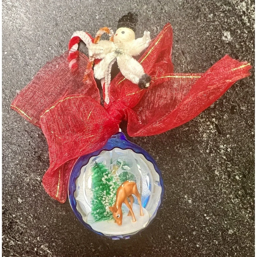 Vtg Christmas Ornament Deer & Tree Blue Jewelbrite 1960s MCM‎ Retro Reflector